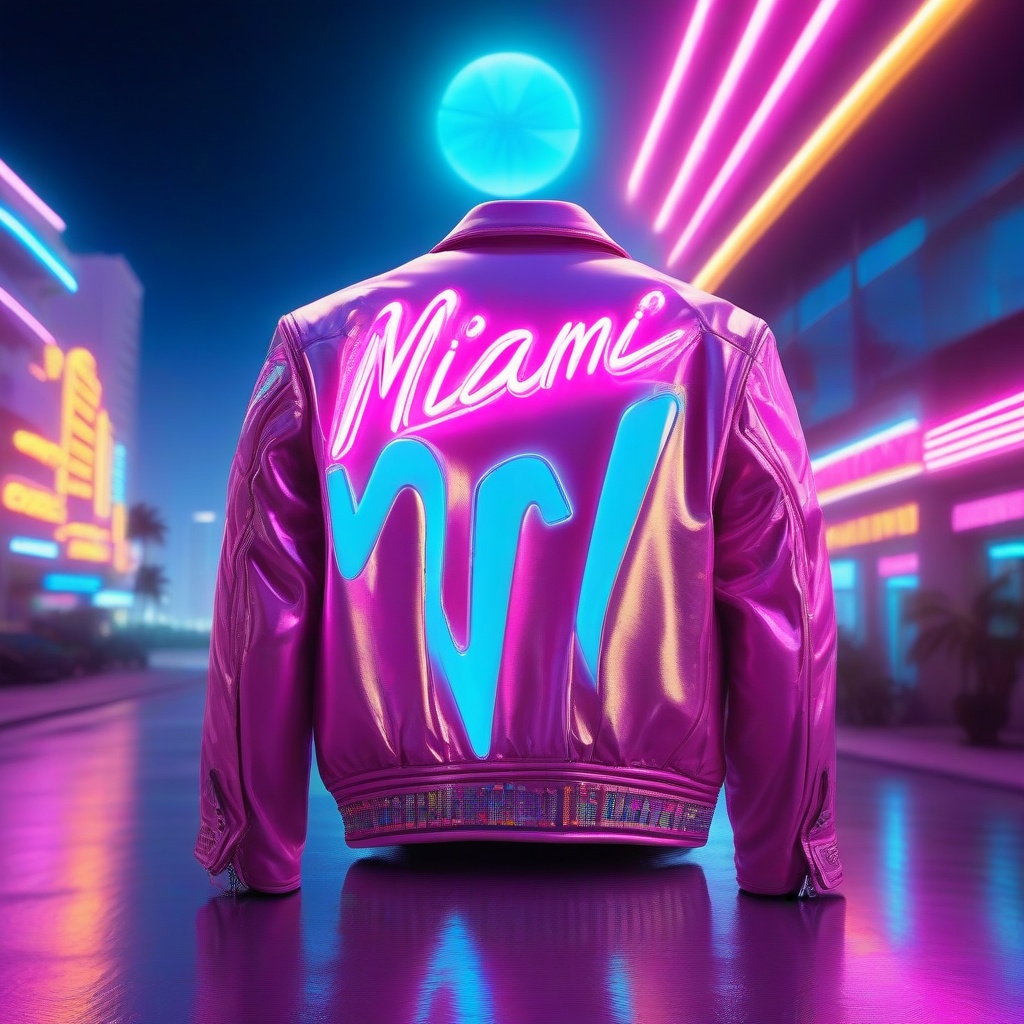 "miami" beach hologram,  (macro) focused on a perfect detailed realistic 1980s stylish jacket with large shoulders,  botto...