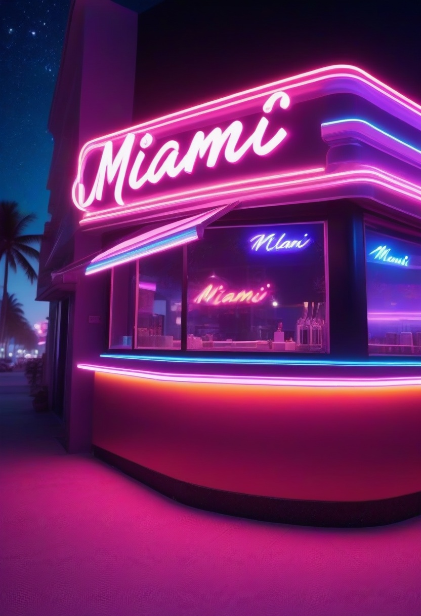 an amazing clear clean visible photo of "miami hologram" cafe at night in a corner of a road,  outdoors,  depth of field o...