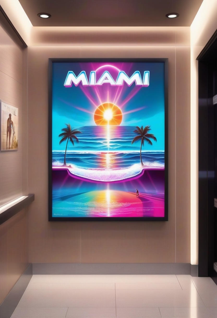 detailed a movie poster "miami surf" hanging on the wall in the corridor shopping mall,  photo quality,  professional phot...