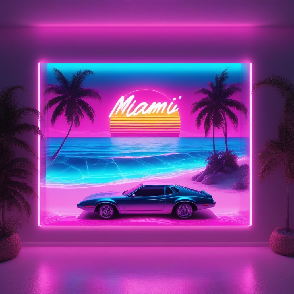 clear clean visible glowing aquarium at wall displaying (amazing image of the car at the beach,  photorealistic,  neon sty...