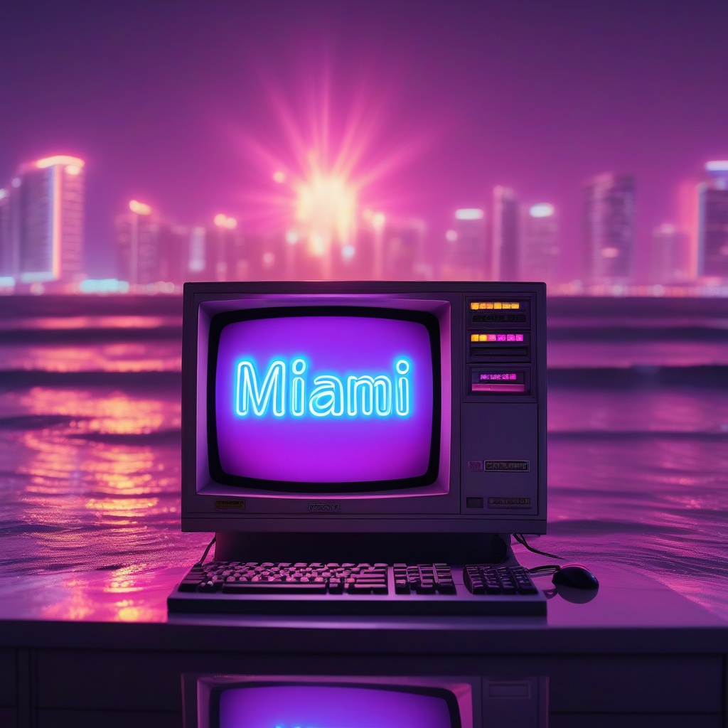 "miami" beach hologram,  (macro) focused on a perfect detailed realistic old computer on the reflective surface,  stickers...