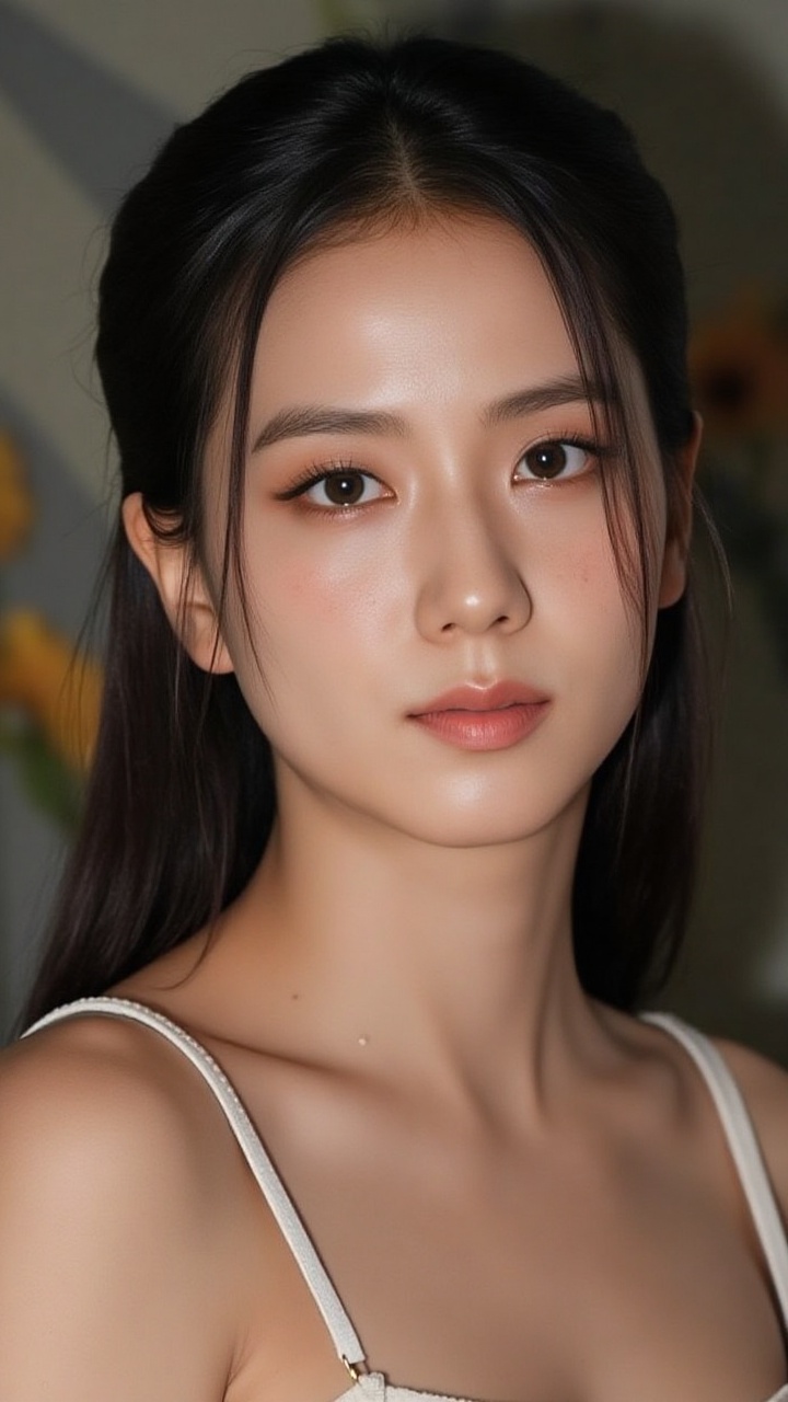 A half-body close-up portrait of a beautiful woman with no makeup,  featuring smooth skin and soft freckles. Her long hair...