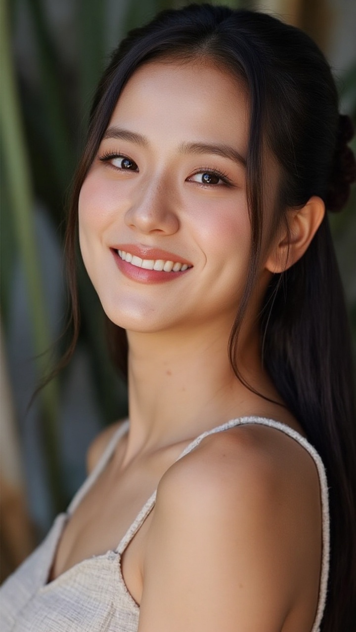 A half-body close-up portrait of a beautiful woman with no makeup,  featuring smooth skin and soft freckles. Her long hair...