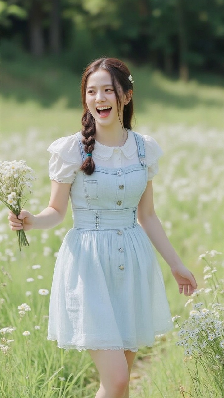 A graceful woman with chestnut brown hair braided loosely over her shoulder stands in a sunlit meadow filled with wildflow...