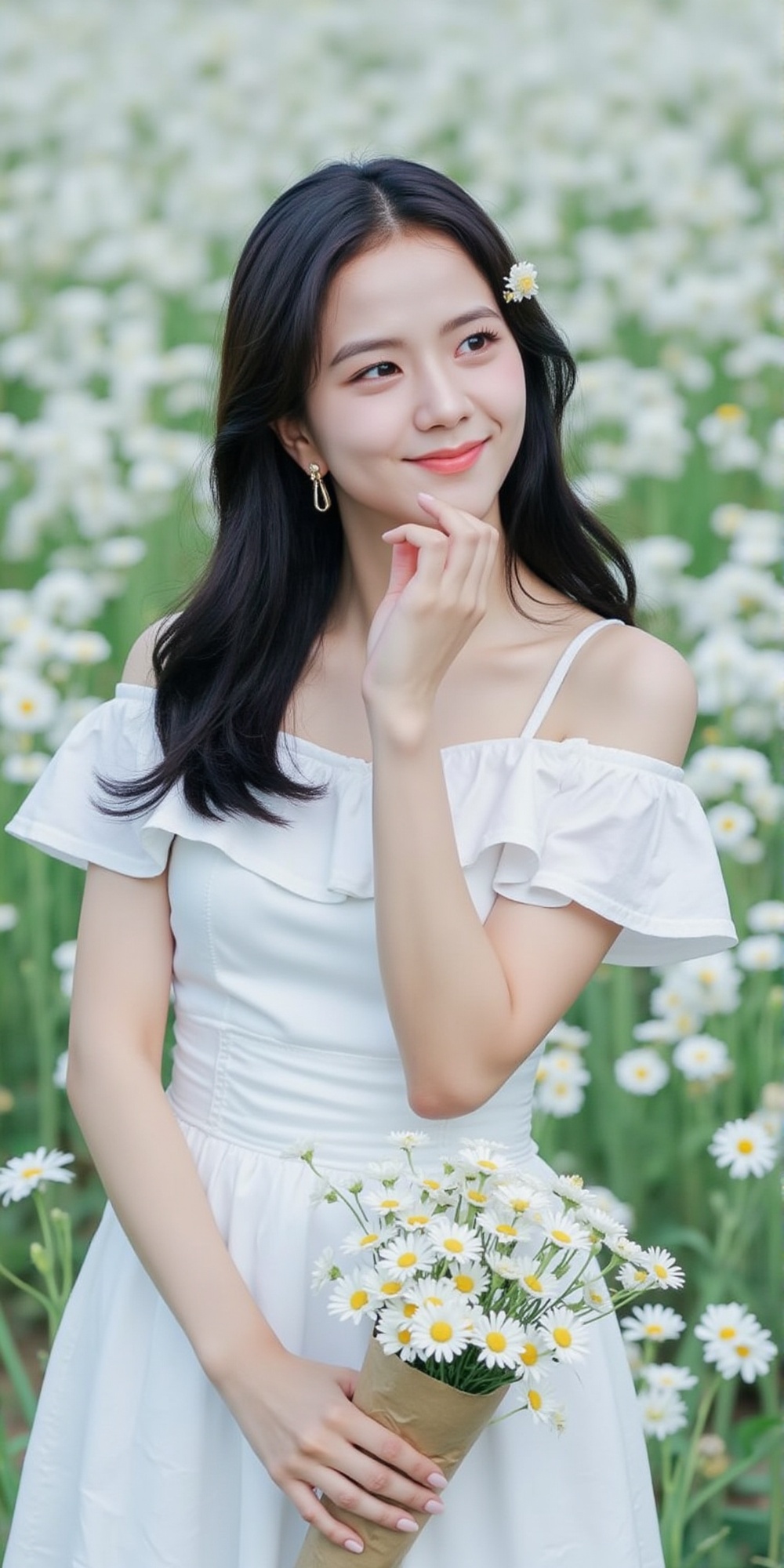 A young woman with long wavy black hair stands in the middle of a field full of white daisies. She wears an off-shoulder w...