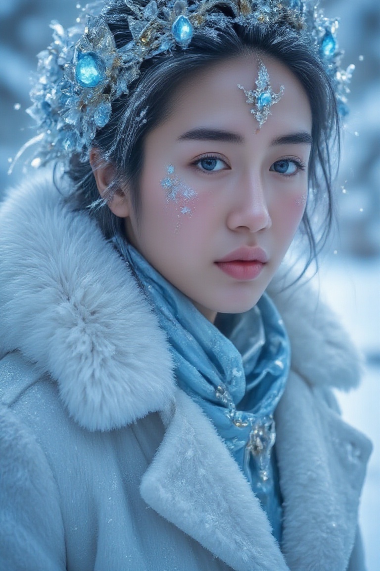 Rime Ice arafed woman with blue eyes,  white frost on her face,  ice queen on Tensor.Art