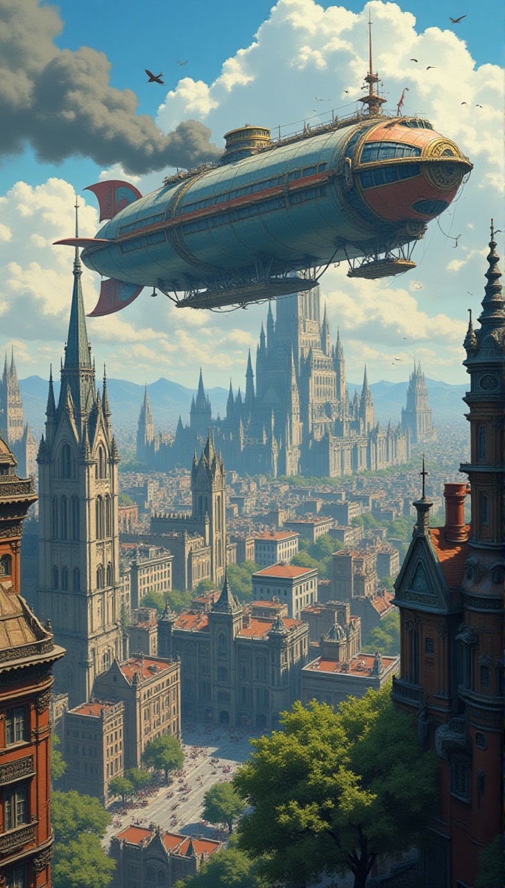 a panoramic,  highly detailed digital painting of a bustling steampunk city under a dramatic,  cloudy sky. In the upper pa...
