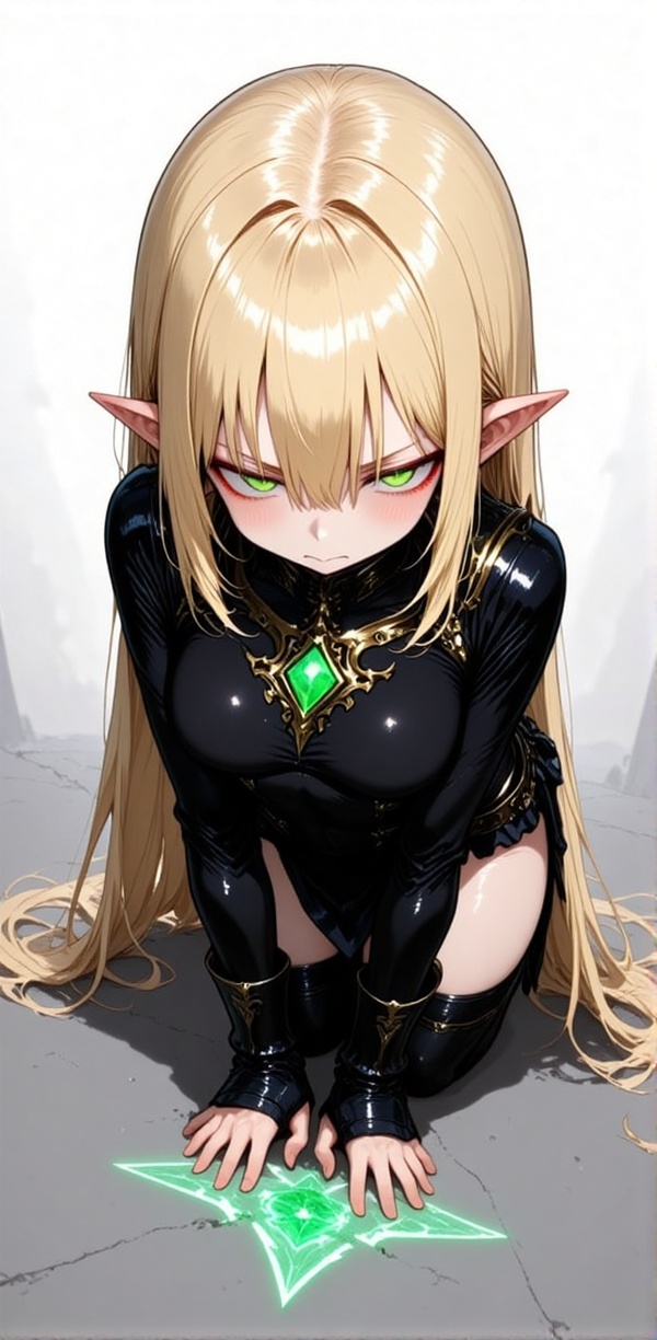 The image depicts a character with long blonde hair and pointed elf-like ears. She is wearing a black outfit with intricat...
