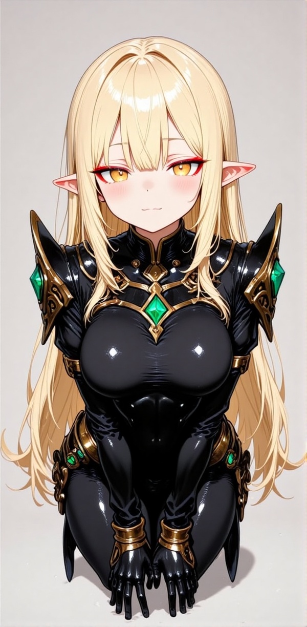 The image depicts a character with long blonde hair and pointed elf-like ears. She is wearing a black outfit with intricat...