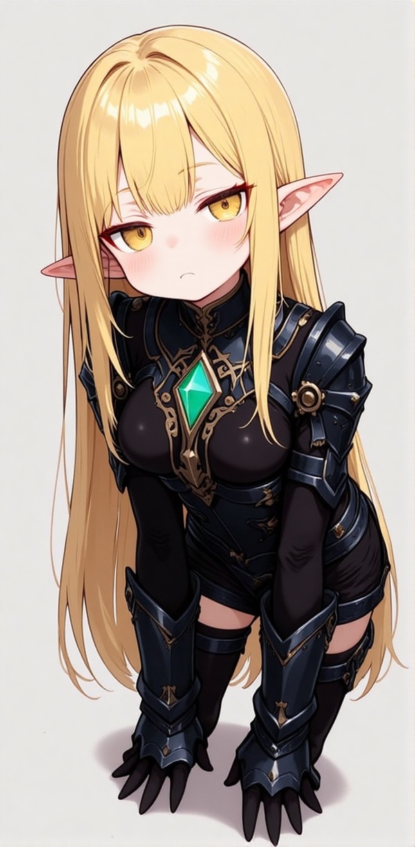 The image depicts a character with long blonde hair and pointed elf-like ears. She is wearing a black outfit with intricat...