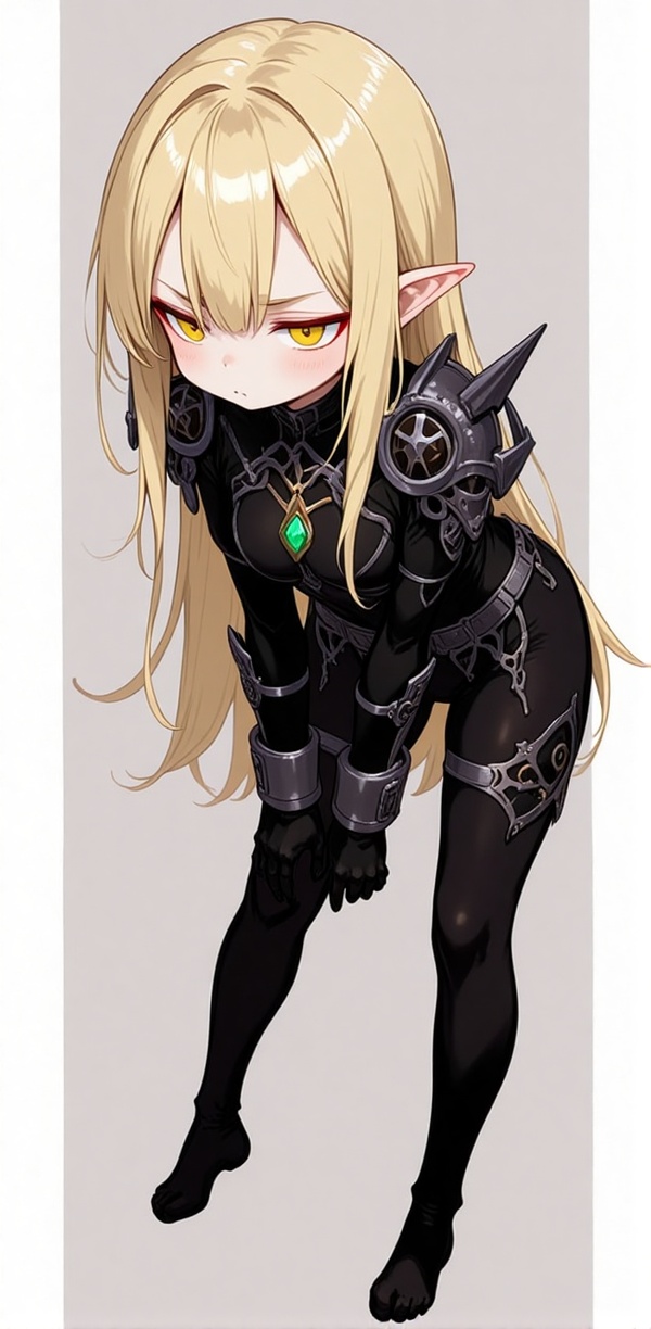 The image depicts a character with long blonde hair and pointed elf-like ears. She is wearing a black outfit with intricat...