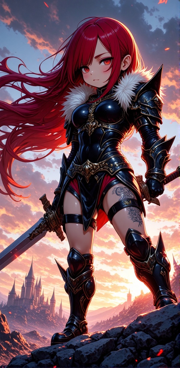 The image depicts a striking female warrior standing confidently on a rocky terrain. She is adorned in elaborate armor,  i...