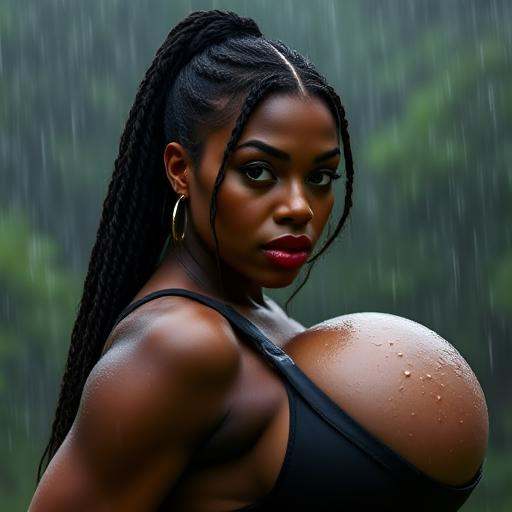 This is a highly detailed,  high-resolution photograph featuring a curvy Black woman with a deep brown skin tone. She has...