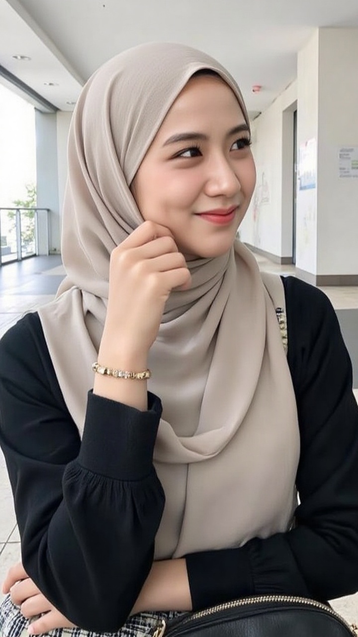 A woman wearing a cream or light gray hijab and a long-sleeved black shirt sits indoors with a bright,  modern hallway in...