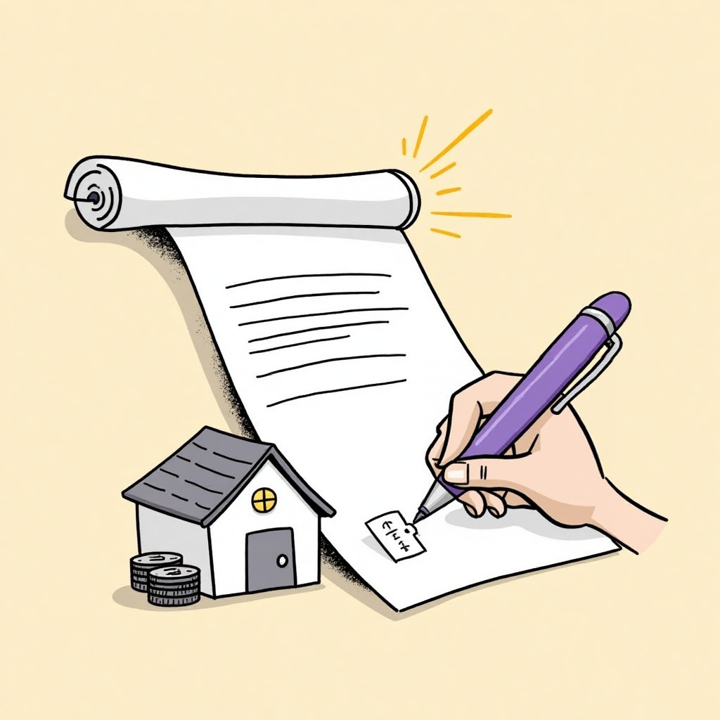 an illustration in cartoon style,  a half rolled paper with house and stack of cents,  a bob holding a big pen and writing...