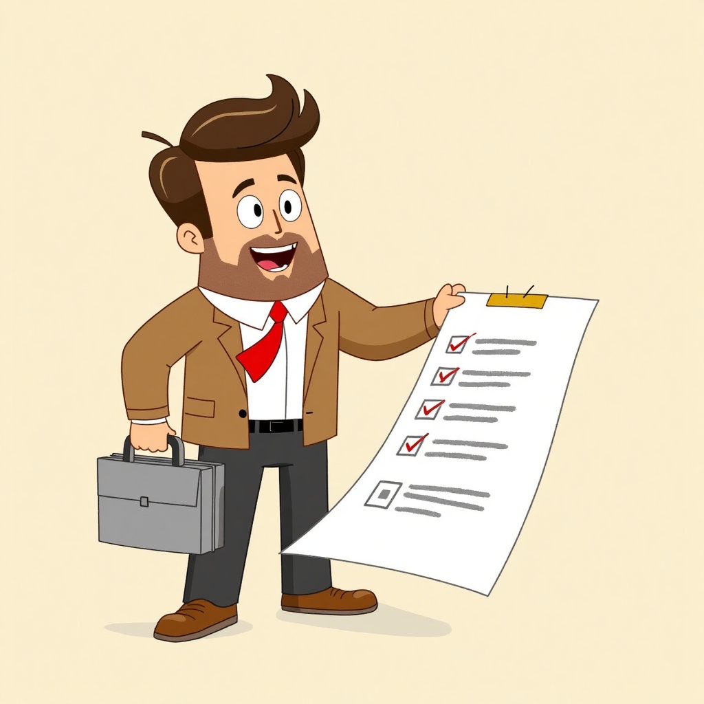 an illustration in cartoon style a man with checklist paper convery a complete audit trail on Tensor.Art