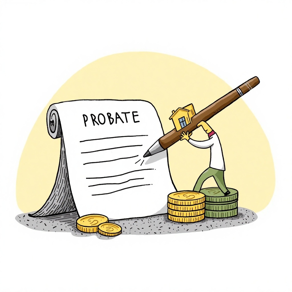 an illustration in cartoon style hand drawn photo of a half rolled paper with house and stack of cents,  a bob holding a b...