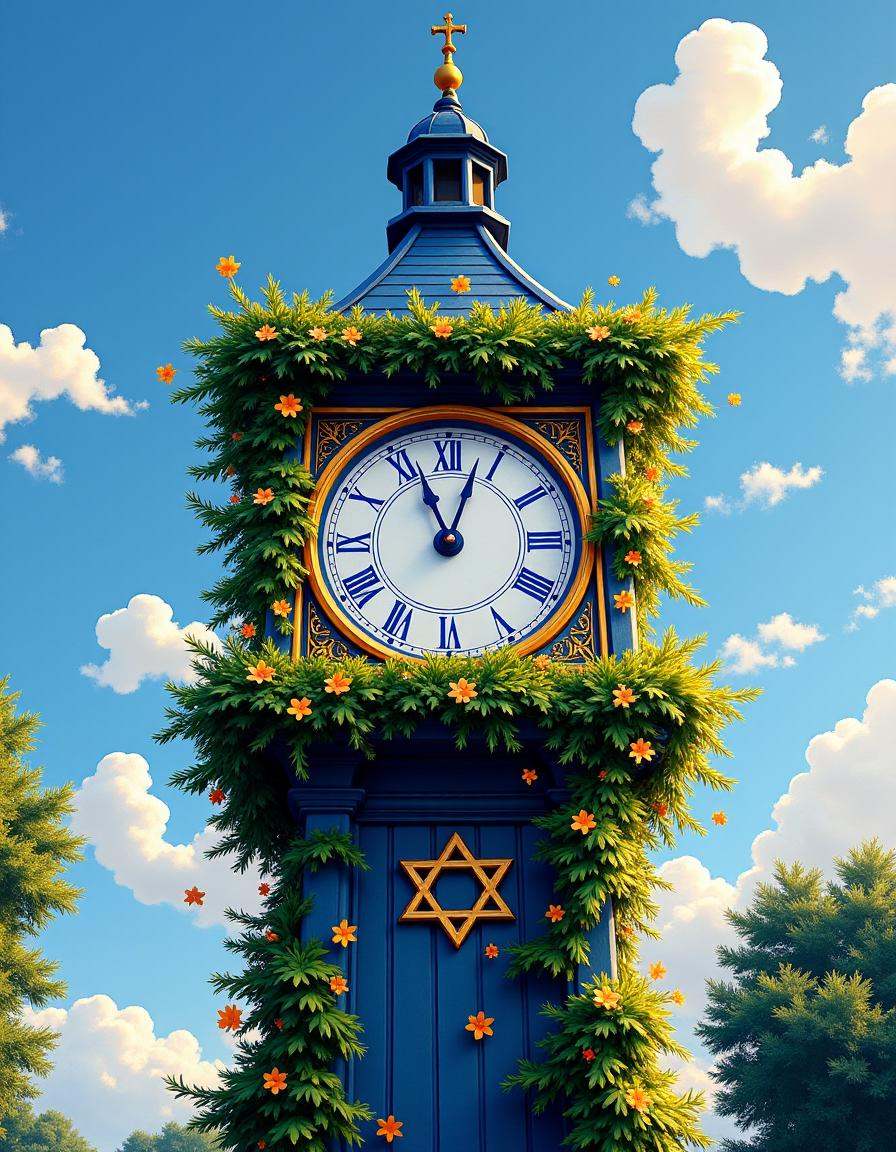 hanukkahcolors,  clock tower with vines and flowers growing on it on Tensor.Art
