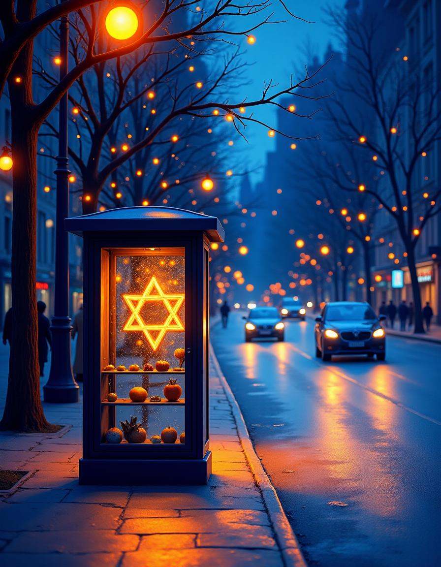 hanukkahcolors,  bus stop on a busy street on Tensor.Art