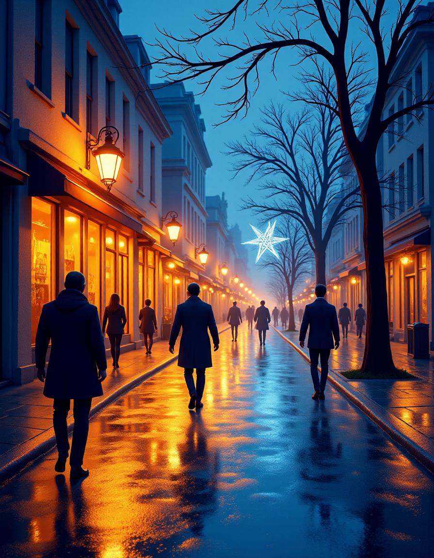 hanukkahcolors,  people walking on a rainy street on Tensor.Art