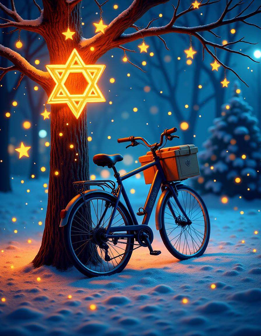 hanukkahcolors,  bicycle leaning against a tree on Tensor.Art