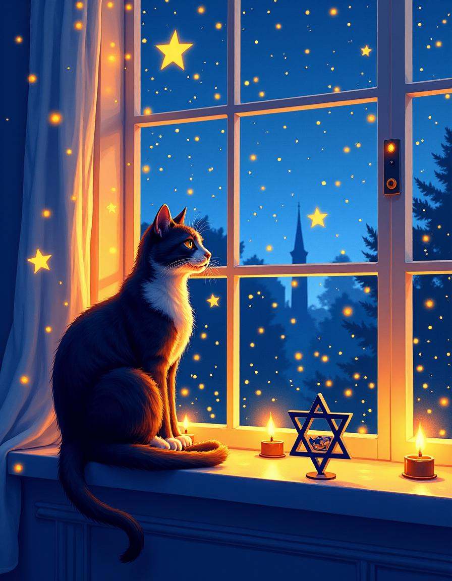 hanukkahcolors,  cat sitting on a windowsill on Tensor.Art