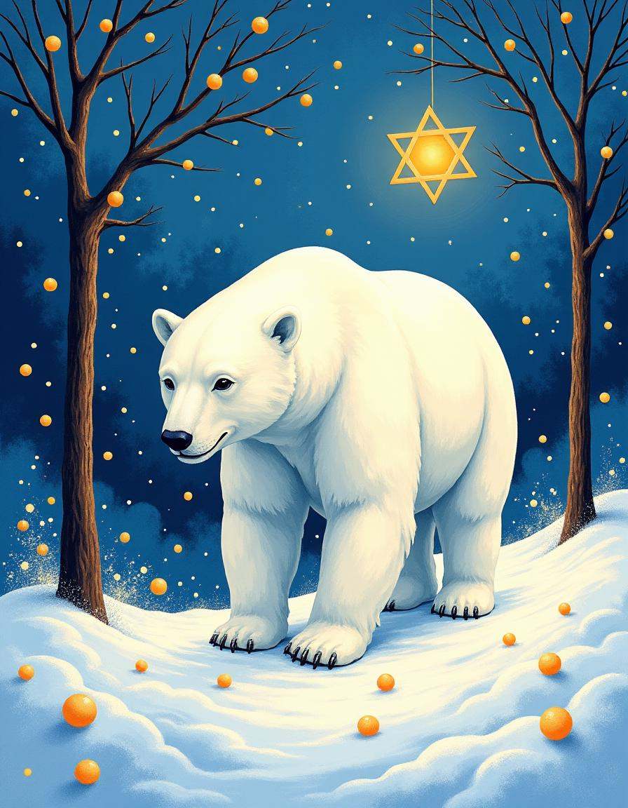 hanukkahcolors,  polar bear walking through snow on Tensor.Art