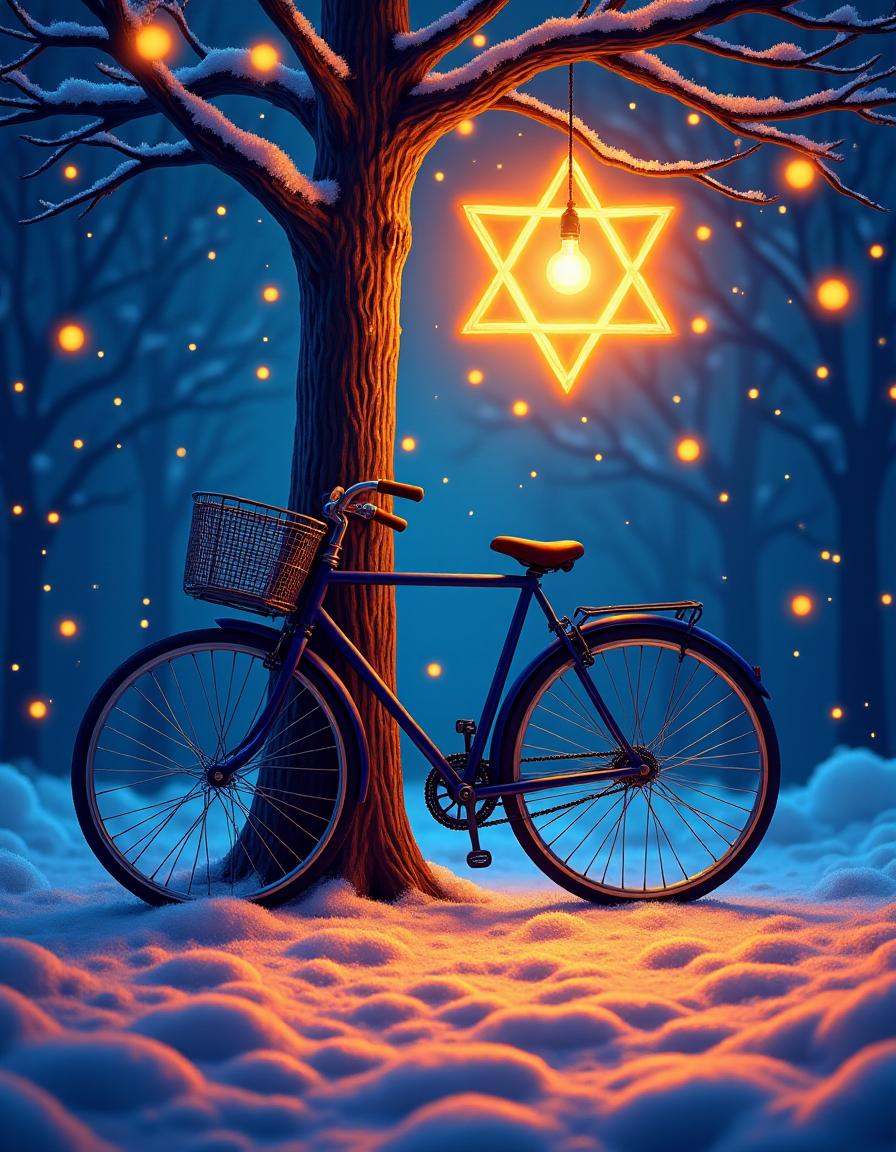 hanukkahcolors,  bicycle leaning against a tree on Tensor.Art