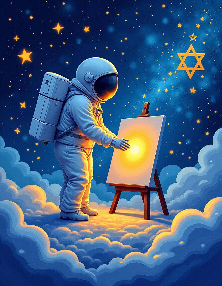 hanukkahcolors,  astronaut painting a canvas in space on Tensor.Art