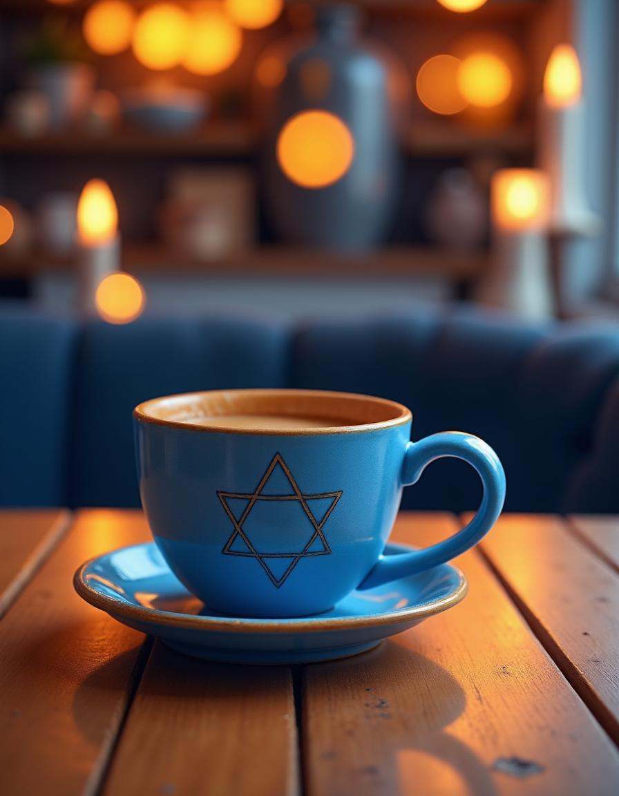 hanukkahcolors,  coffee cup on a wooden table on Tensor.Art