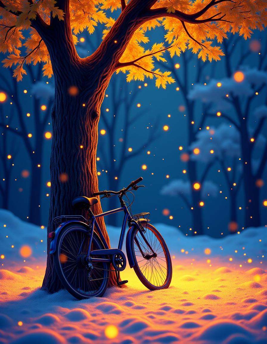 hanukkahcolors,  bicycle leaning against a tree on Tensor.Art