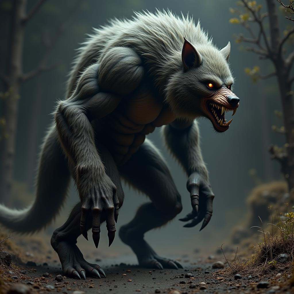 hyper realistic terrifying masterpiece werewolf photo ,  werewolf standing in a desolate field clearing,  dim light on Ten...