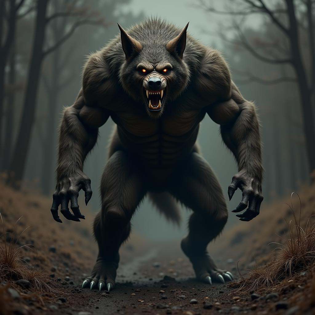 hyper realistic terrifying masterpiece werewolf photo ,  werewolf standing in a desolate field clearing,  dim light on Ten...