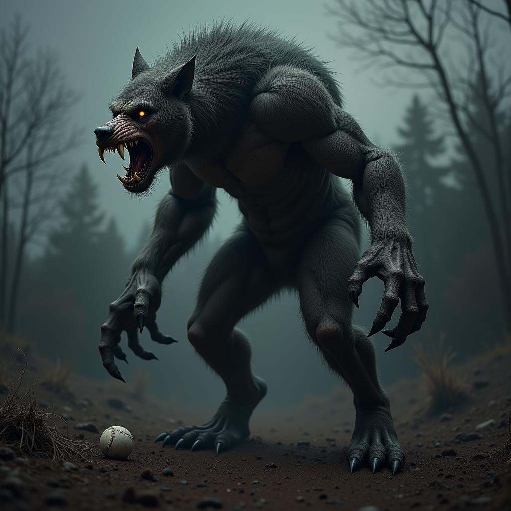 hyper realistic terrifying masterpiece werewolf (eating a baseball player) photo ,  werewolf standing in a desolate field...