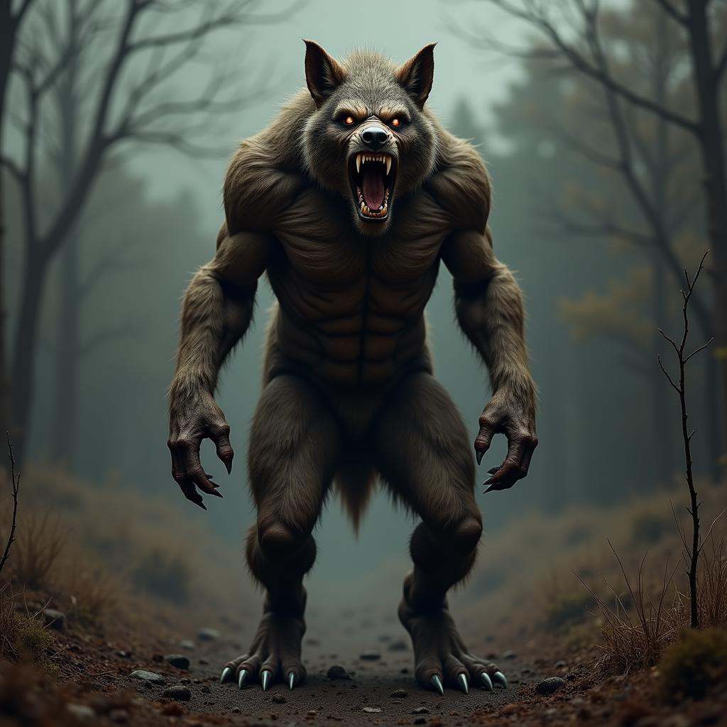 hyper realistic terrifying masterpiece werewolf photo ,  werewolf standing in a desolate field clearing,  dim light on Ten...
