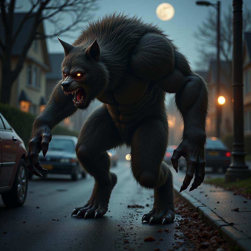 terrifying masterpiece werewolf photo ,  werewolf standing in a realistic suburb,  flipping a car over on Tensor.Art