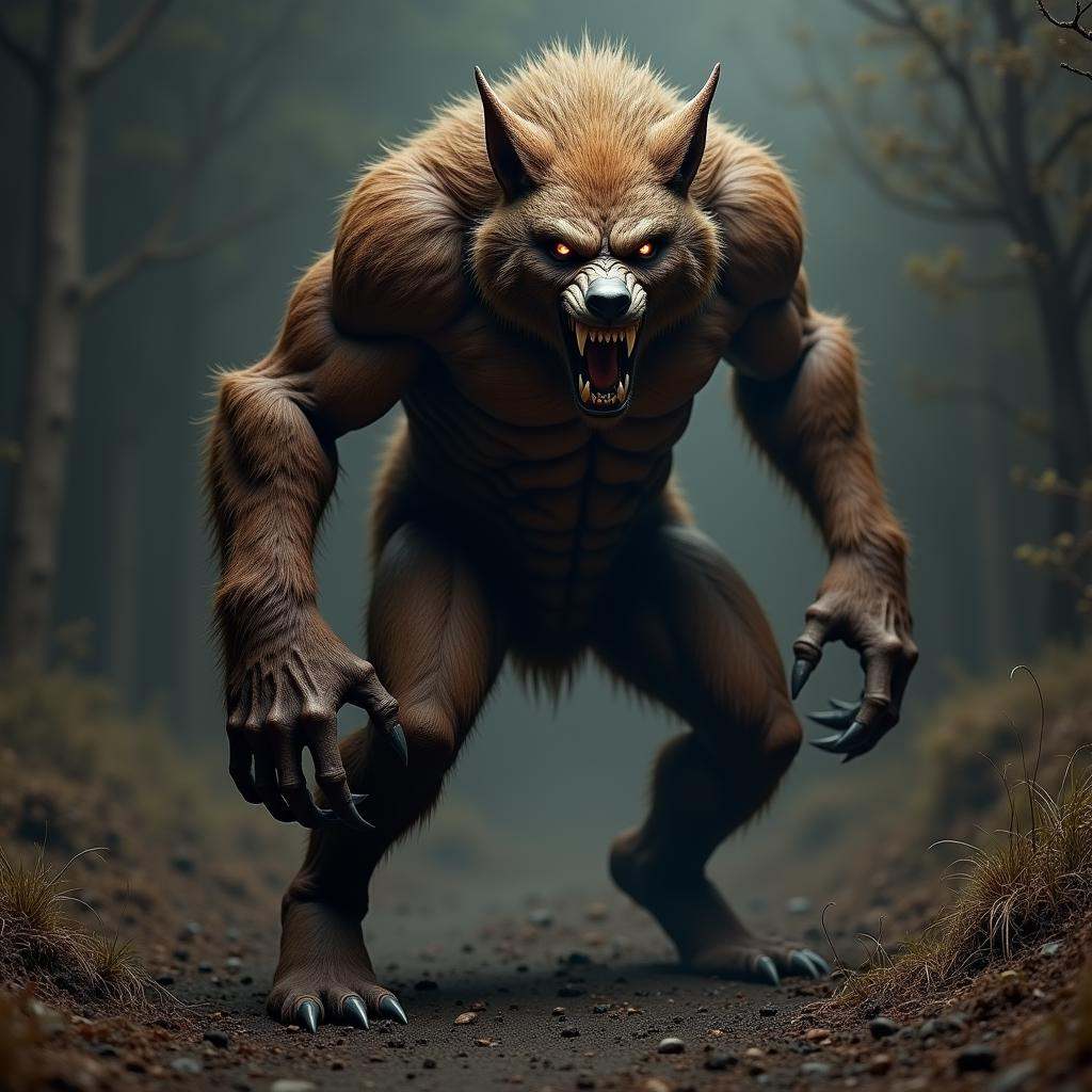 hyper realistic terrifying masterpiece werewolf photo ,  werewolf standing in a desolate field clearing,  dim light on Ten...
