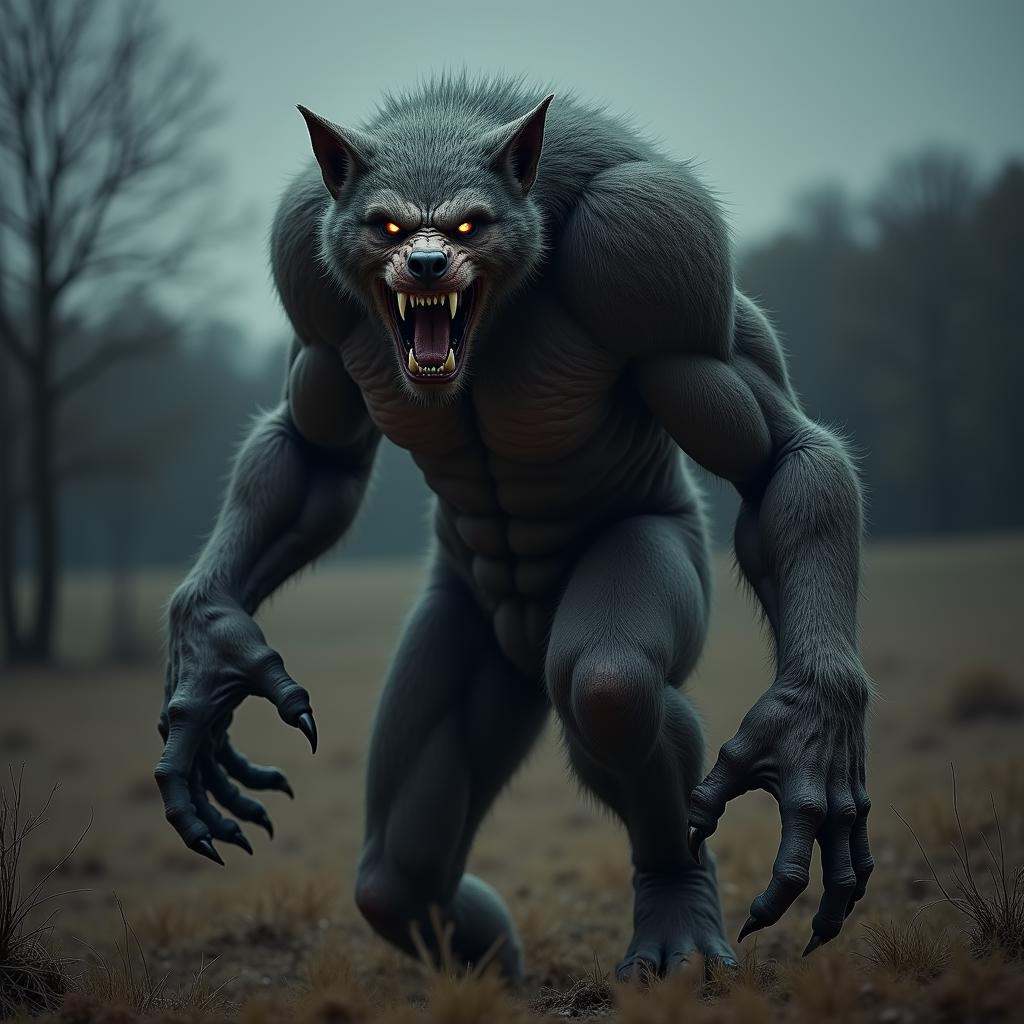 hyper realistic terrifying masterpiece werewolf (baseball player) photo ,  werewolf standing in a desolate field clearing,...