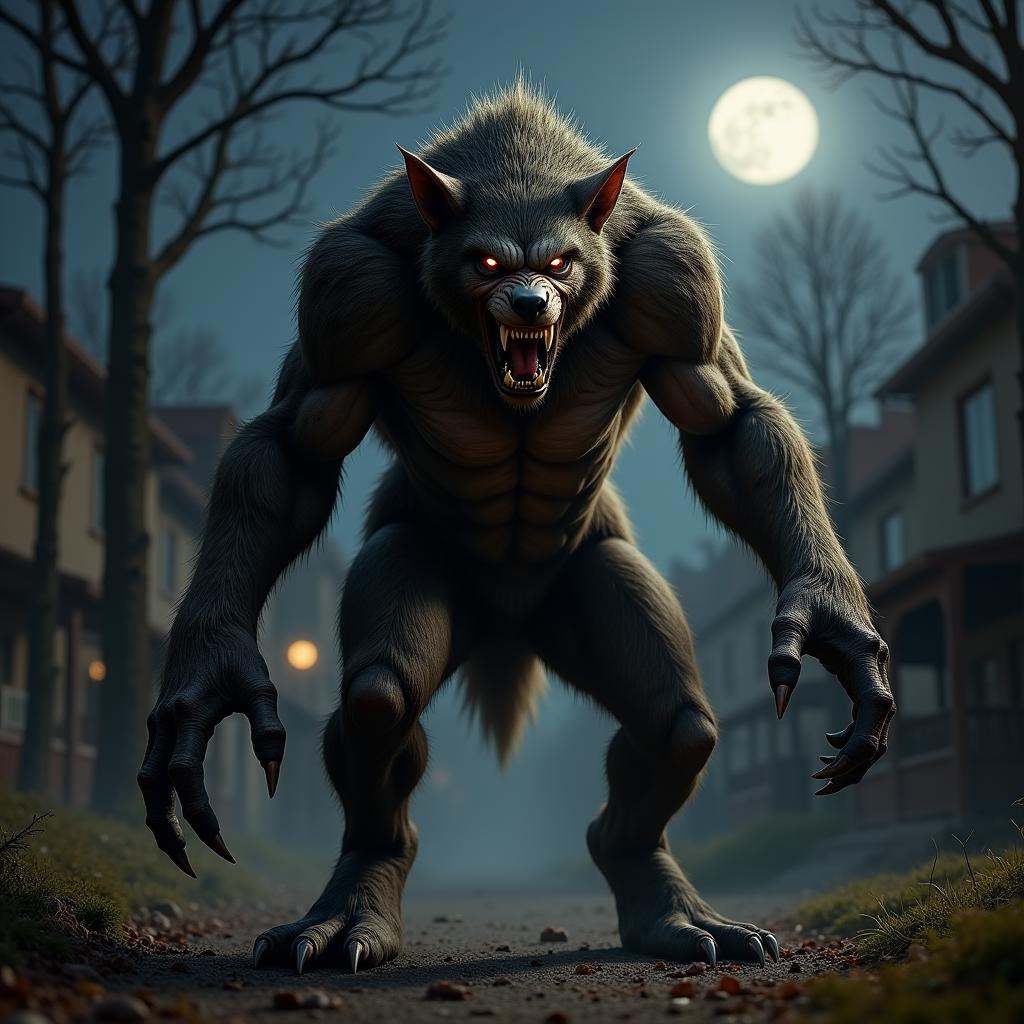 terrifying masterpiece werewolf photo ,  werewolf standing in a realistic suburban playground at night time,  dim light fr...
