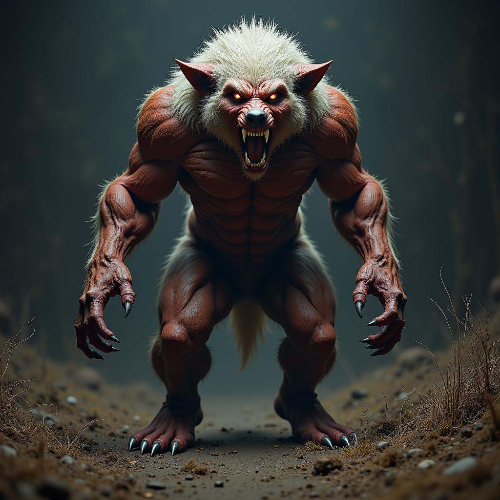 hyper realistic terrifying masterpiece werewolf photo ,  werewolf standing in a desolate field clearing,  dim light on Ten...