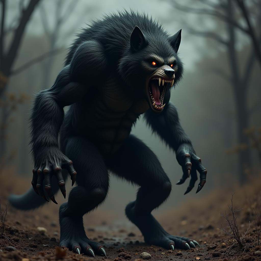 hyper realistic terrifying masterpiece werewolf photo ,  werewolf standing in a desolate field clearing,  dim light on Ten...