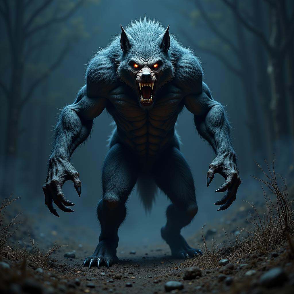 hyper realistic terrifying masterpiece werewolf photo ,  werewolf standing in a desolate field clearing,  dim light on Ten...