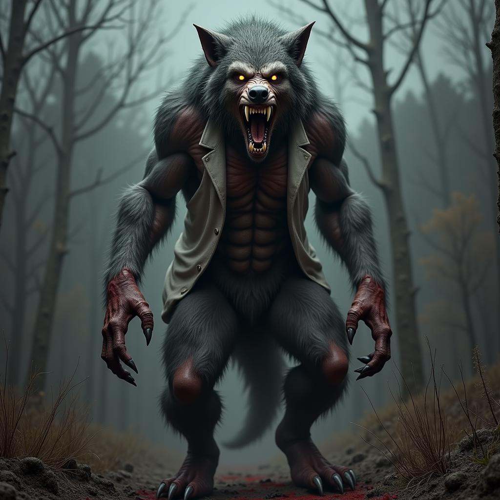 hyper realistic terrifying masterpiece werewolf ((dressed like a doctor covered in blood)) photo ,  werewolf standing in a...