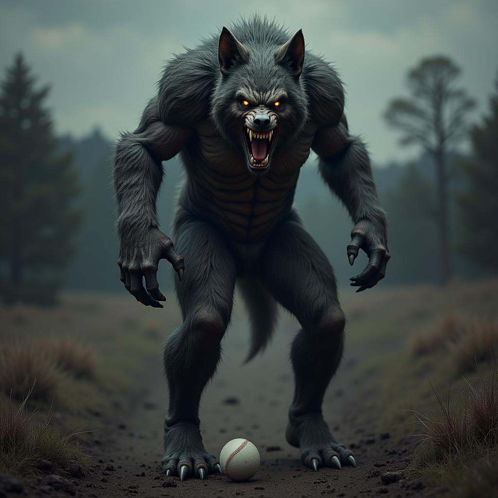 hyper realistic terrifying masterpiece werewolf (baseball player) photo ,  werewolf standing in a desolate field clearing,...