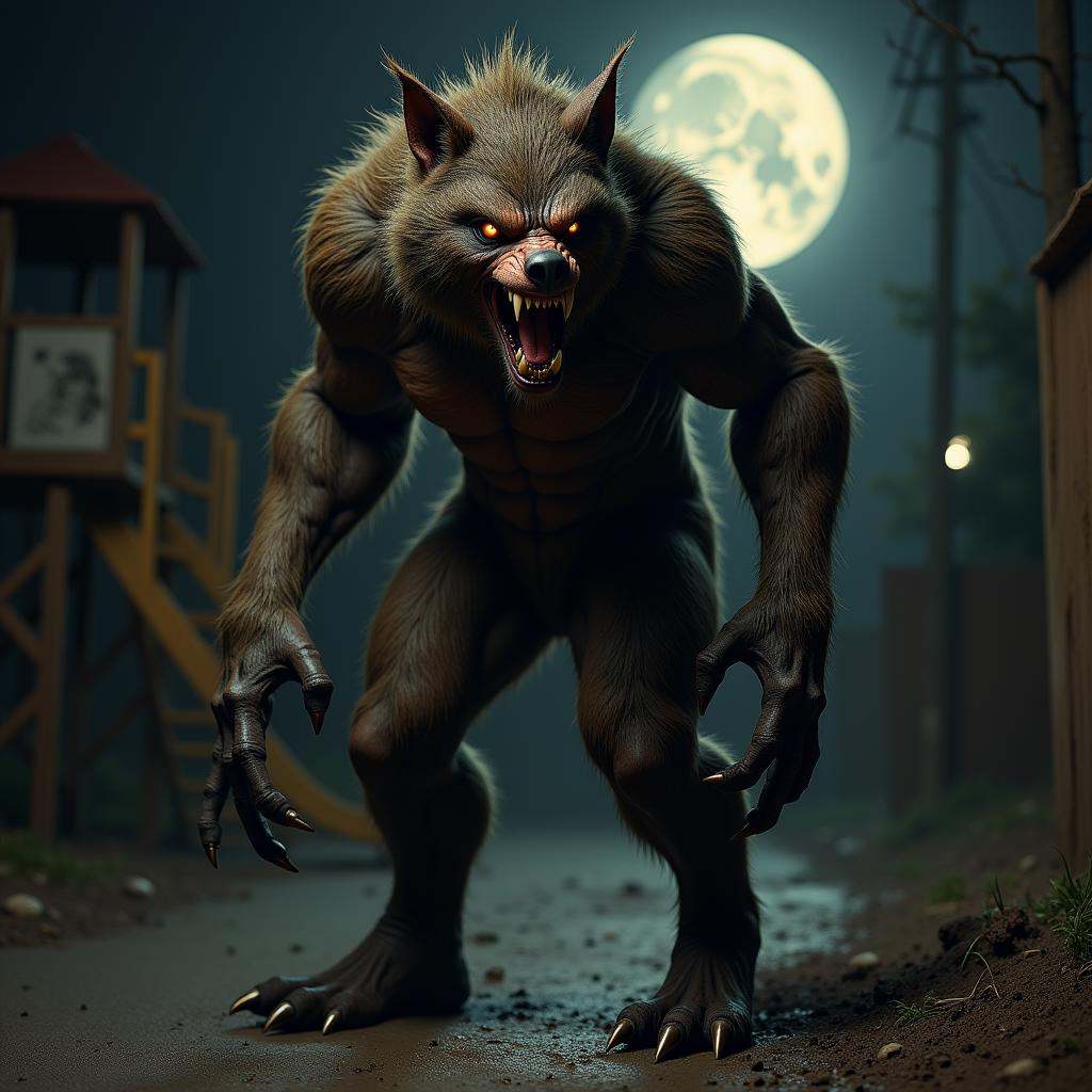 terrifying masterpiece werewolf photo ,  werewolf standing in a realistic suburban playground at night time,  dim light fr...