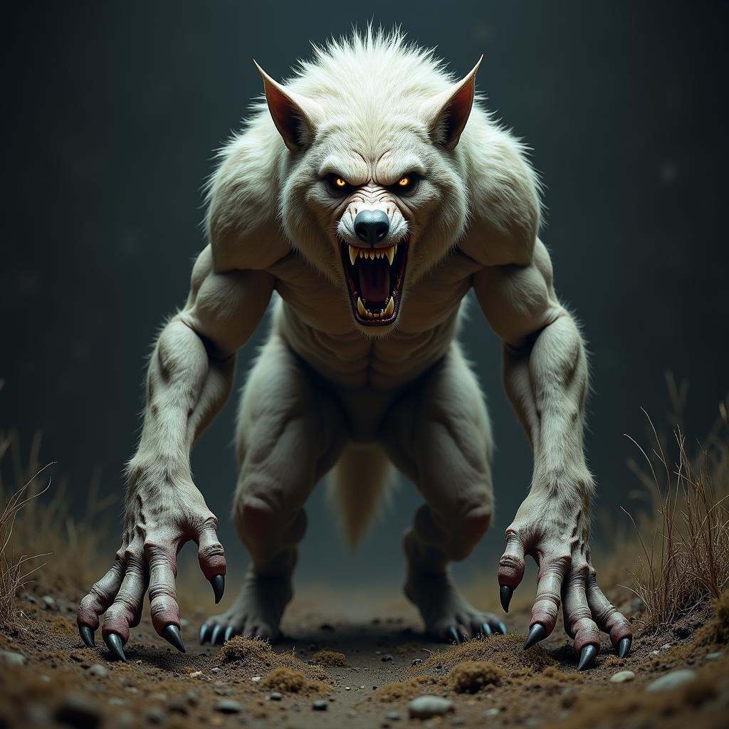 hyper realistic terrifying masterpiece werewolf photo ,  werewolf standing in a desolate field clearing,  dim light on Ten...