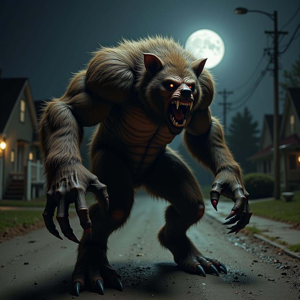 terrifying masterpiece werewolf photo ,  werewolf standing in a realistic suburban playground at night time,  dim light fr...