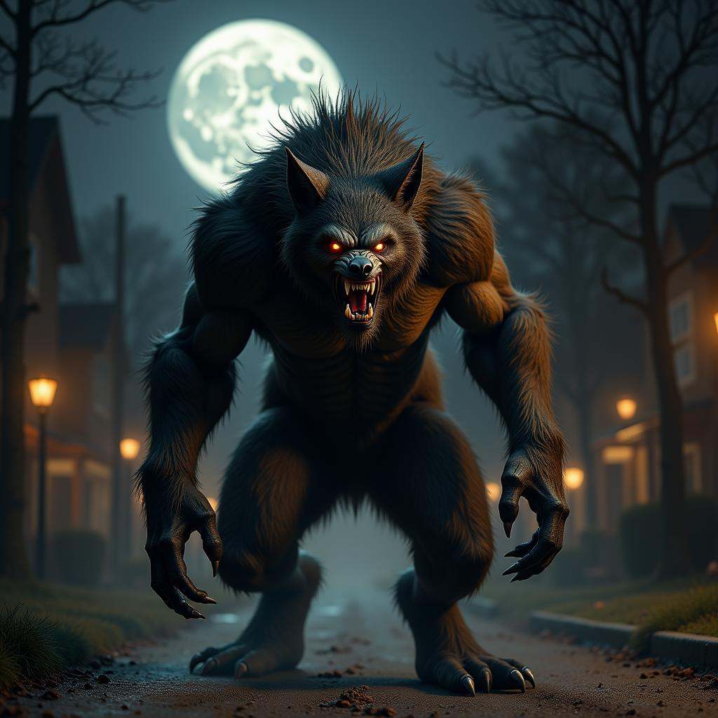 terrifying masterpiece werewolf photo ,  werewolf standing in a realistic suburb at night time,  dim light from full moons...