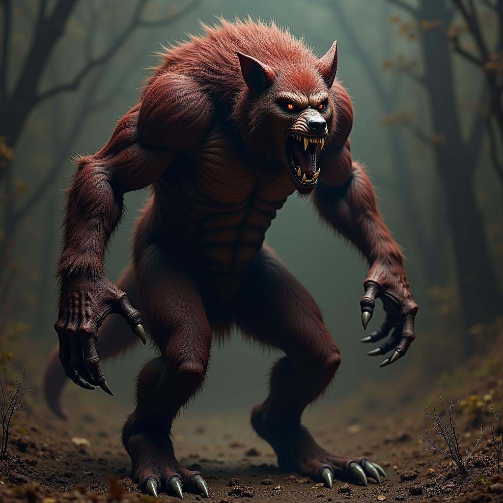 hyper realistic terrifying masterpiece werewolf photo ,  werewolf standing in a desolate field clearing,  dim light on Ten...