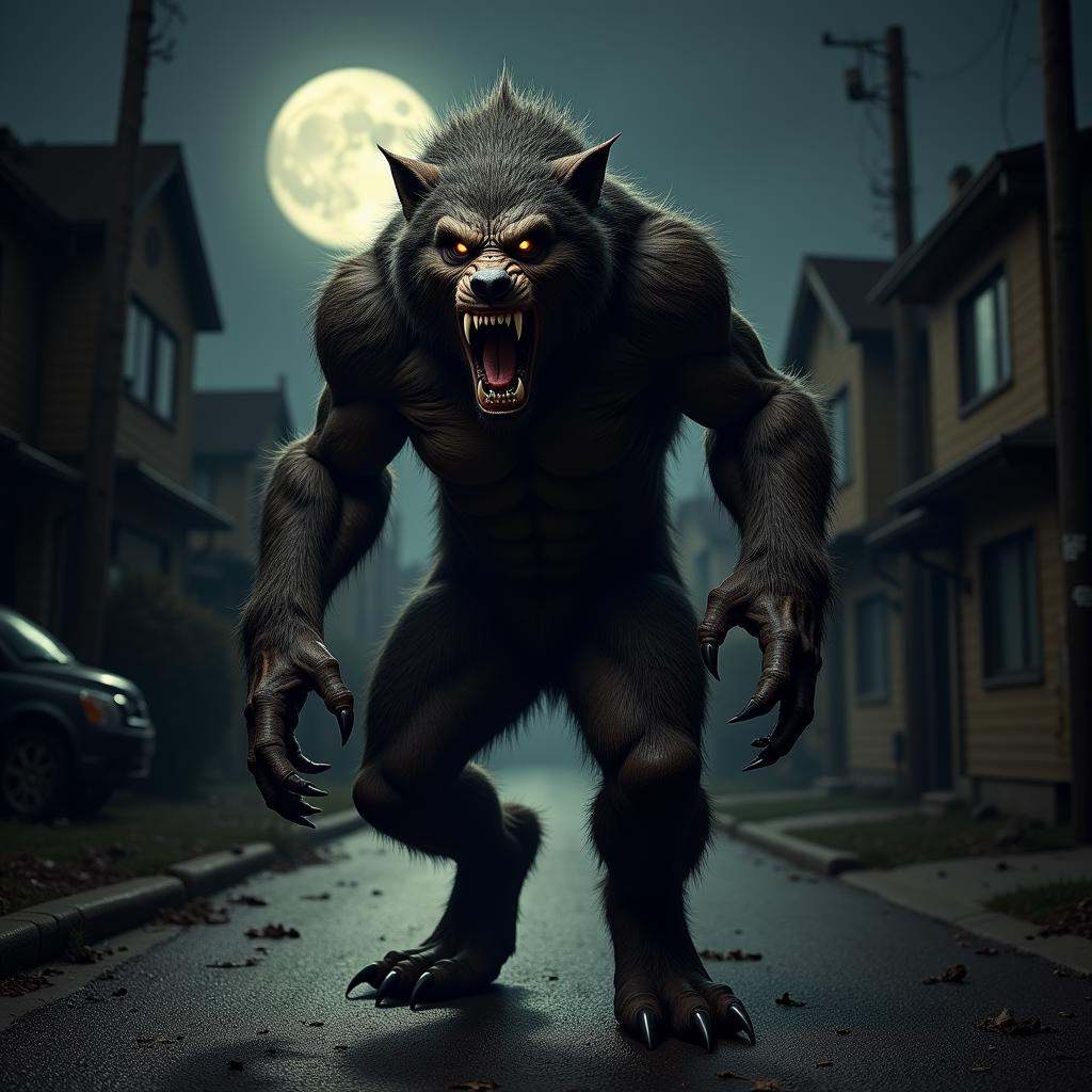 terrifying masterpiece werewolf photo ,  werewolf standing in a realistic suburb at night time,  dim light from full moons...
